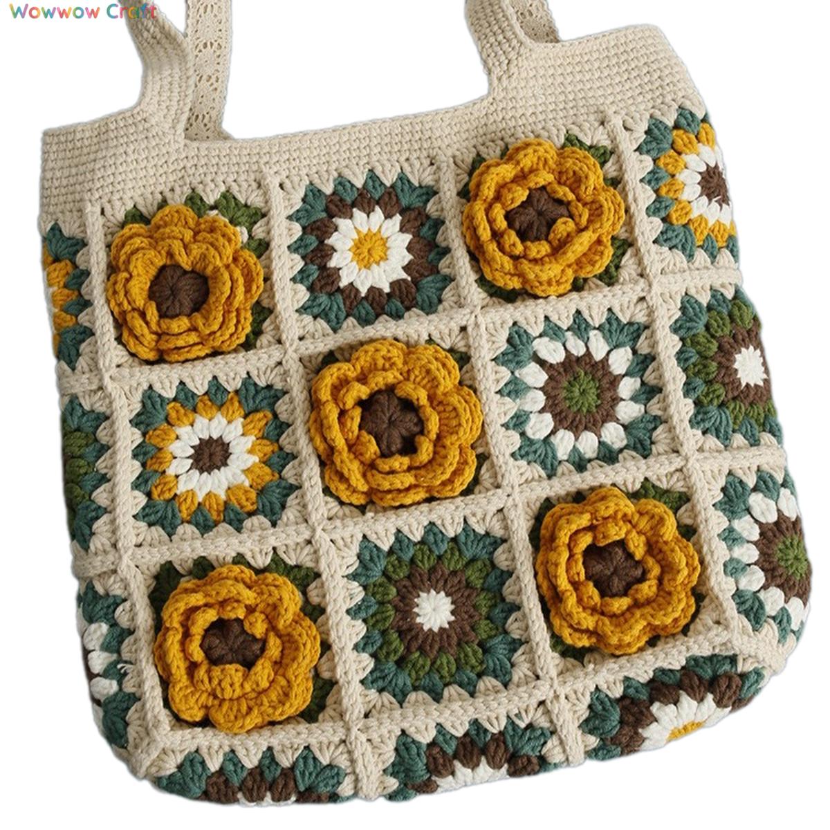 Shoulder Bags,Totes,Handmade Crochet Bags,Yellow Flowers Granny Square Tote crocheted with Snow Fairy Yarn - High quality handmade crocheted shoulder bag